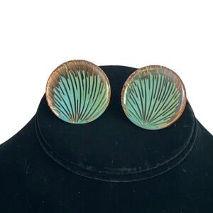 Enamel Peacock Feathers Green and Gold Clip-on Earrings